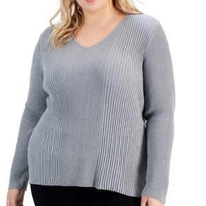 Alfani plus size 2X V-neck metallic Silver Gray shimmer ribbed sweater $69 new